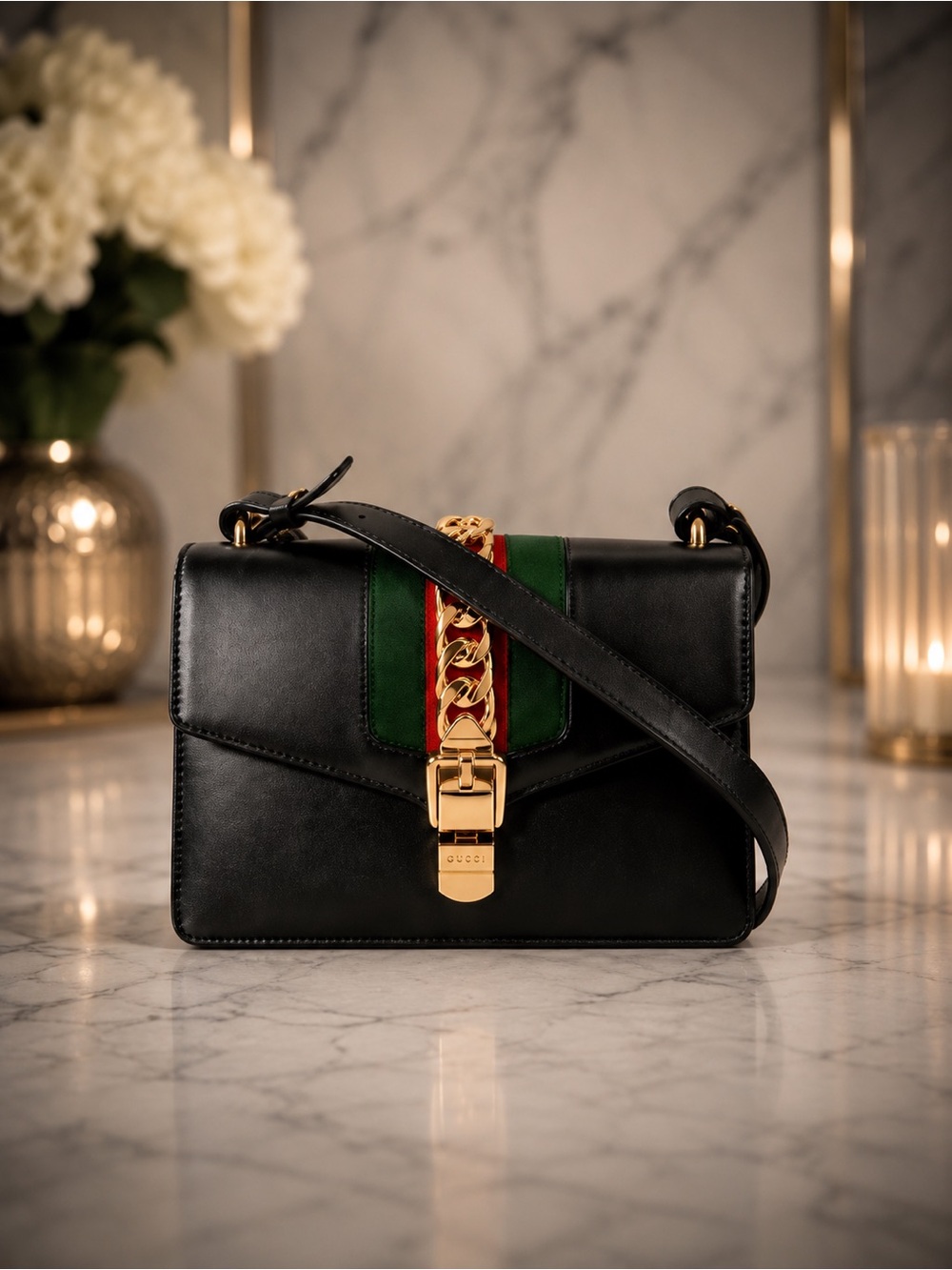 Gucci Black Sylvie Leather Shoulder Bag | Full Set | Entrupy COA